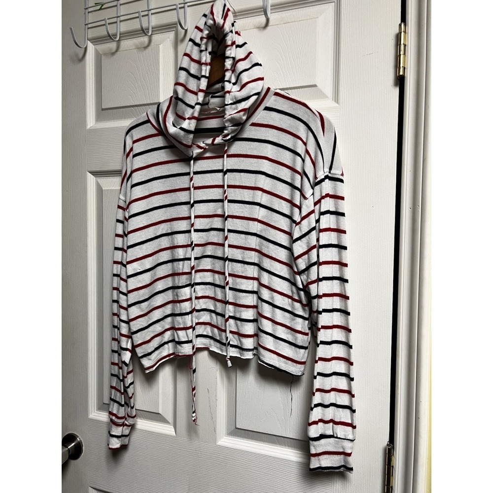 Phil‎ Love Womens Striped Cropped Hoodie White Red Navy Blue Large